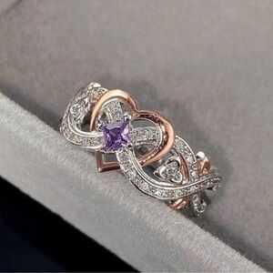 Rose and Silver Heart Ring with Purple Stone